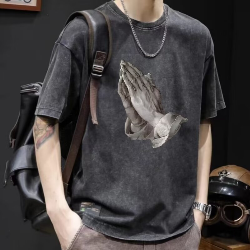 Camiseta de manga corta de algodón puro desgastado lavado retro americano para hombre, camiseta de media manga de marca holgada informal de verano para hombre