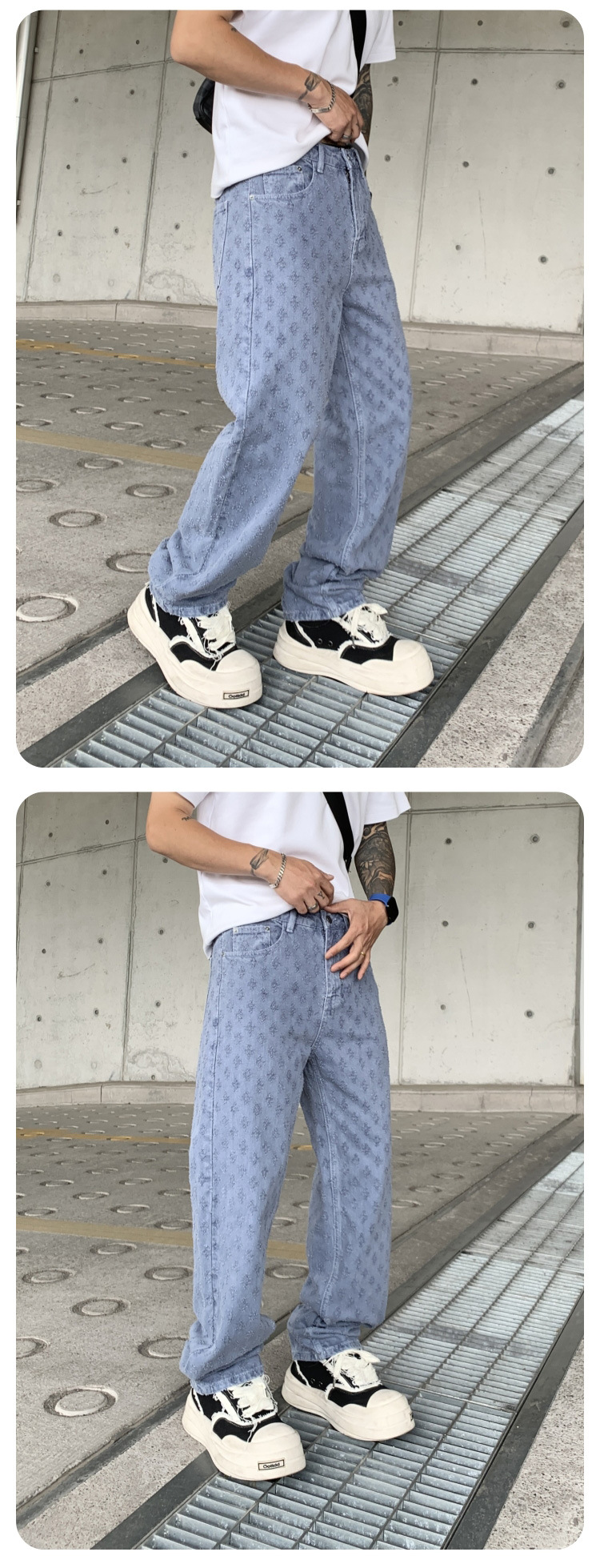 Herren Jeans Mit Jacquard Muster Weit Gerade Und Lässig Verwaschen_voghion.com
