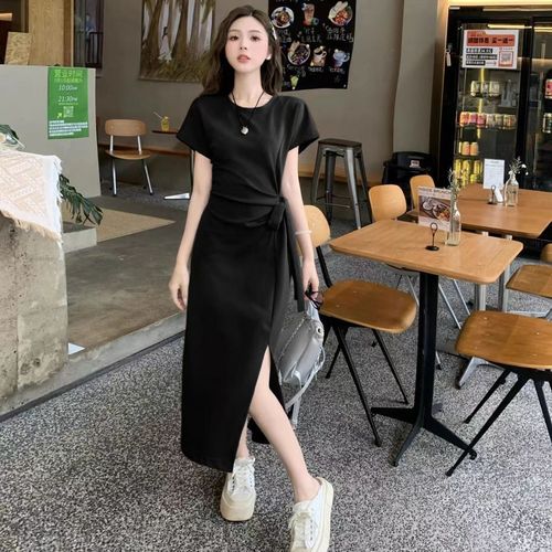 Women's Summer Design Felt Belt Short Sleeve Dress Commute Youth Simple High Slit Long Dress 200 Pounds
