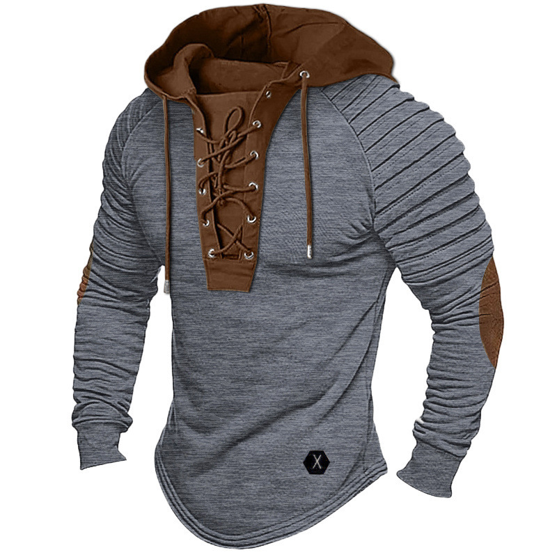 Cross-border source solid color hoodie men's T-shirt top pleated hooded street long sleeve lace-up stitching basic