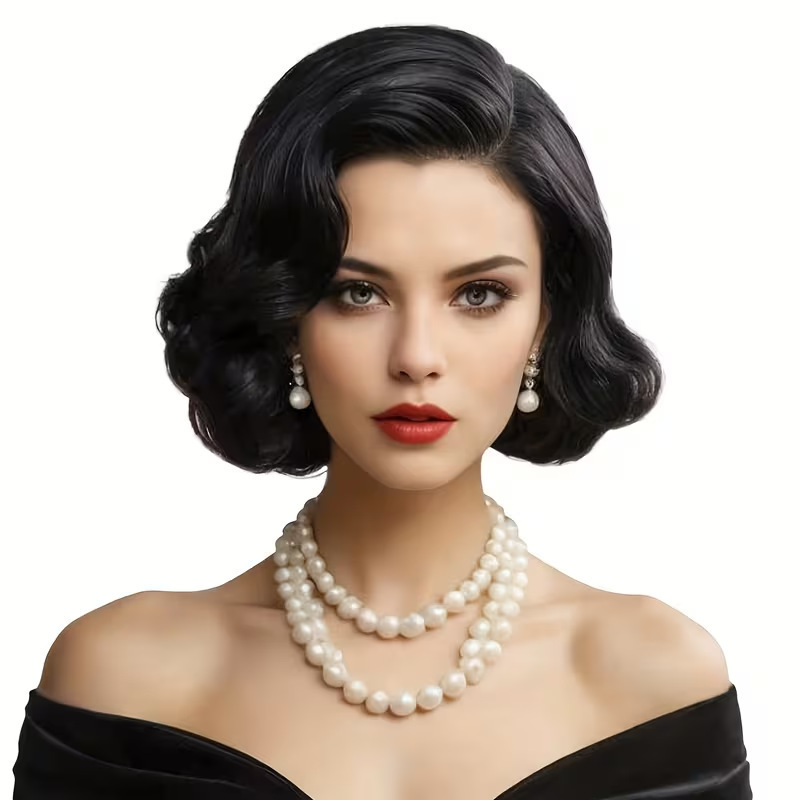 Cross-border European and American retro BOB wig, black side-parted elegant short curly hair, women's synthetic fiber full headpiece Cross-border European and American retro BOB wig, black side-parted elegant short curly hair, women's synthetic fiber full headpiece