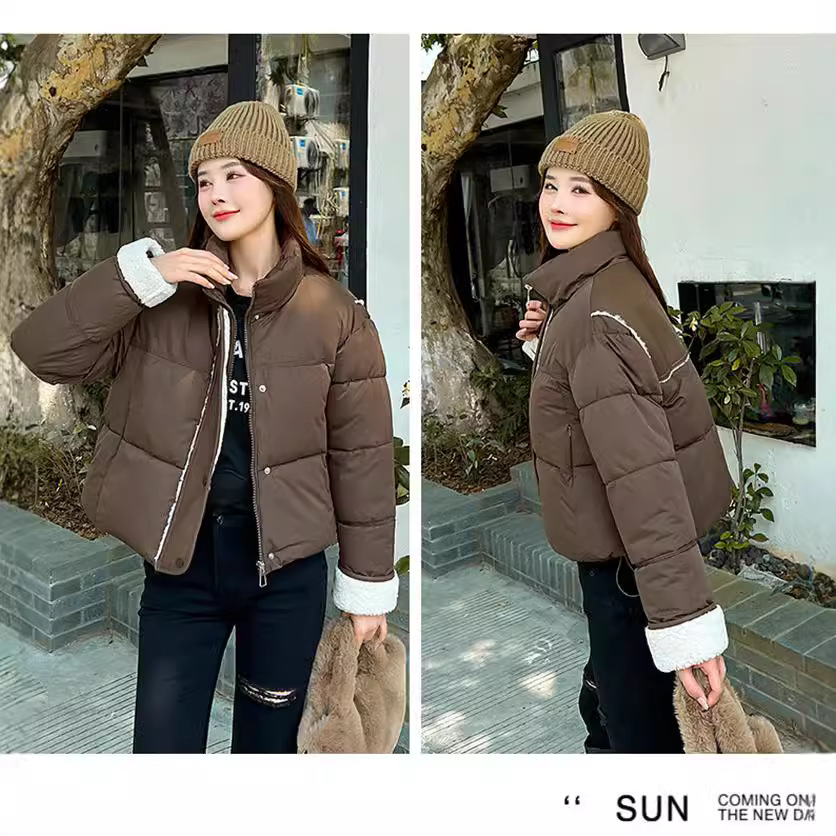Algodón y camisa para mujeres 2024 nuevo cuello de algodón suelto chaqueta de cordero coreano empalmado chaqueta de invierno chaqueta de mujer image 3
