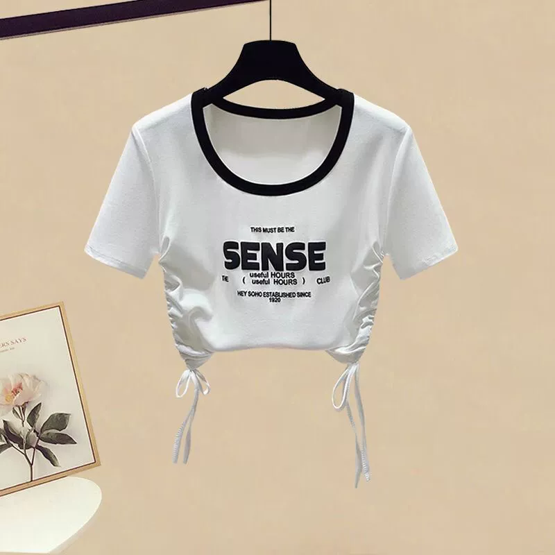 Summer set, jeans with letters, western style, drawstring, with short sleeve