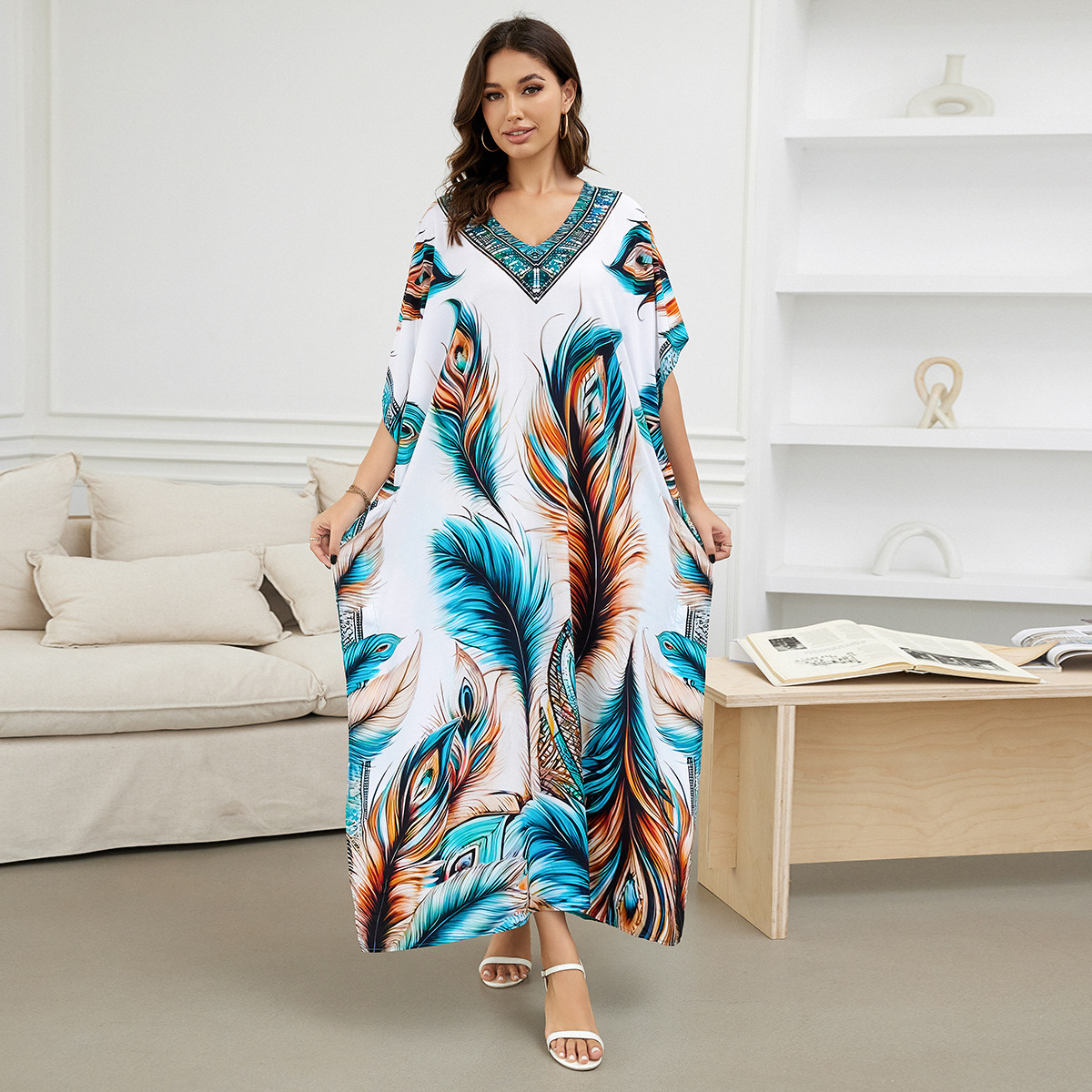 Rochie de plajă lungă kimono dama boho viscoză tie-dye_voghion.com