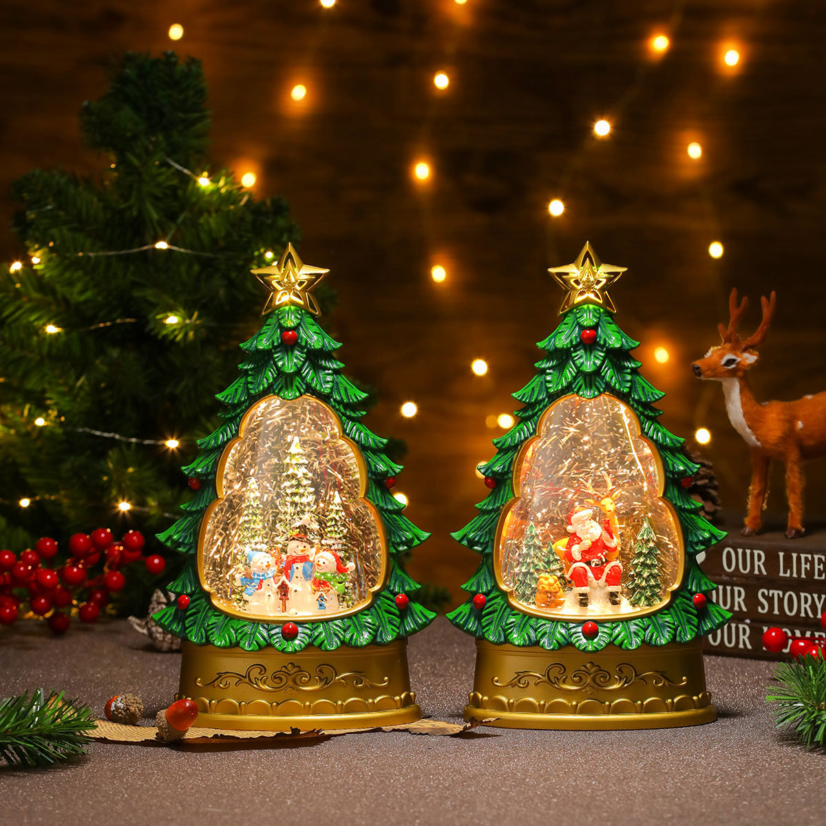 Nuevo colorido rociador de nieve interior luminoso árbol de Navidad decoración de escritorio regalos de Navidad decoración de regalos caja de música
