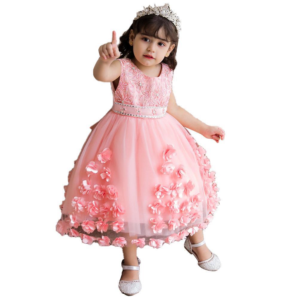 Suministro transfronterizo vestido para niños vestido de novia de niña de flores tridimensionales vestido de princesa mullido de niña vestido de niños