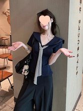 大码复古海军领条纹短袖针织t恤女2025新款夏季胖MM遮肉显瘦上衣