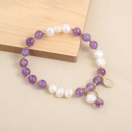 时尚韩国东大门串珠紫晶石女式弹力可调节气质手链简约款珍珠手链