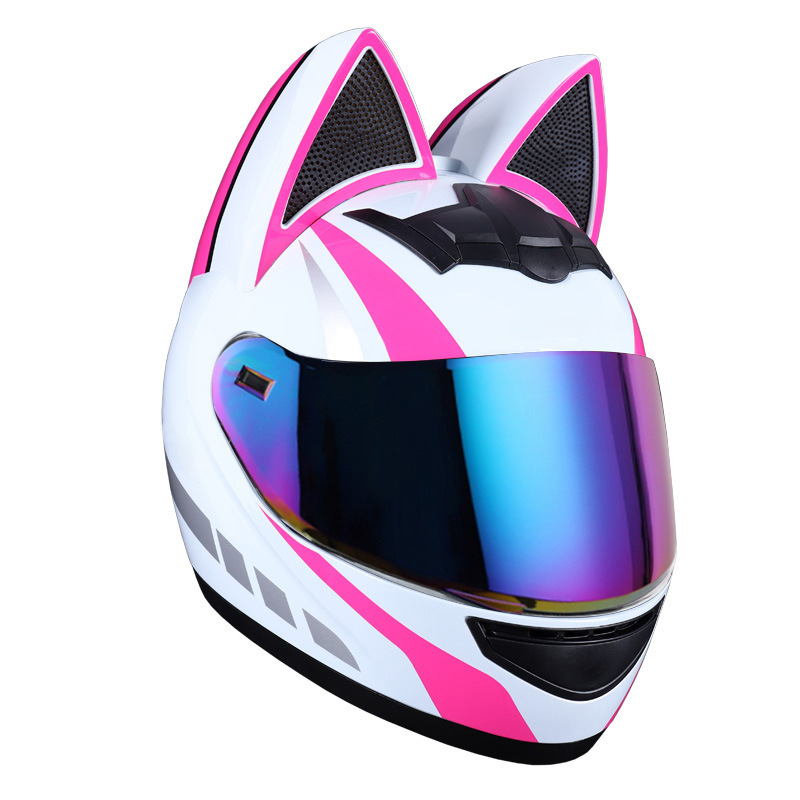 Casco de motocicleta eléctrica HNJ, casco integral con oreja de gato certificado 3C para mujer, verano, se puede equipar con auriculares Bluetooth, casco integral para motocicleta