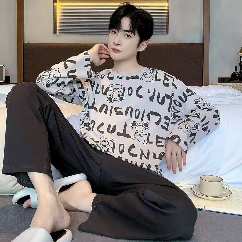 2024 pijama de otoño para hombres pantalones de mangas largas ropa de hogar simple cuello redondo delgado grande otoño invierno conjunto casual