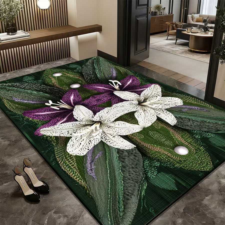 Tapis de bain/baignoire absorbant l'eau, motif floral 3D en terre de diatomées, avec base en caoutchouc antidérapante et effet antidérapant._voghion.com