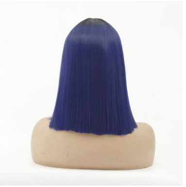 Peluca de fibra química europea y americana degradada azul oscuro hasta los hombros pelo corto liso encaje delantero peluca de fibra química casco LW0090