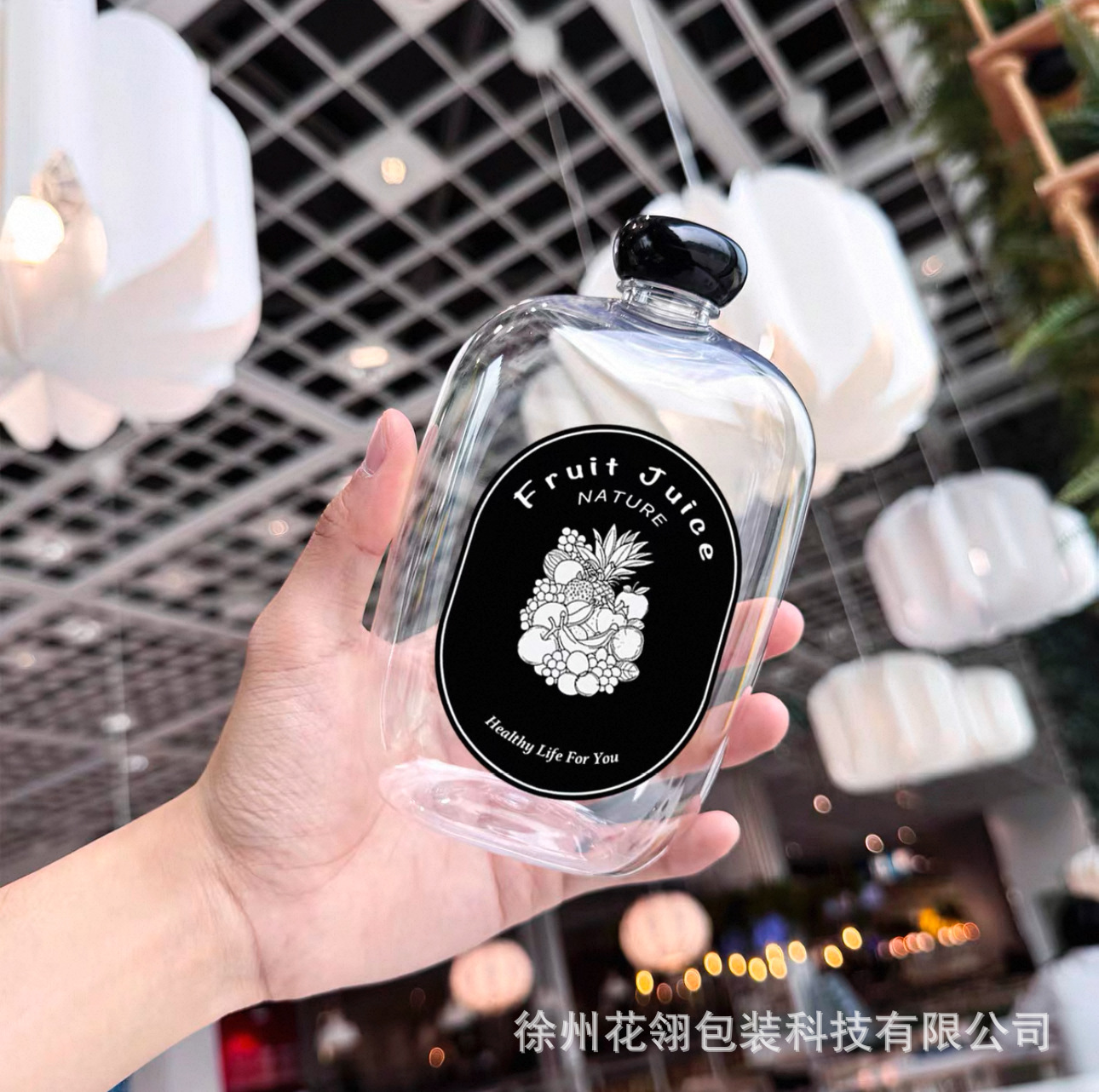 Jugo mayorista para llevar taza de naranja botella de bebida de jugo de fruta PET tapa negra de plástico taza de té de leche desechable