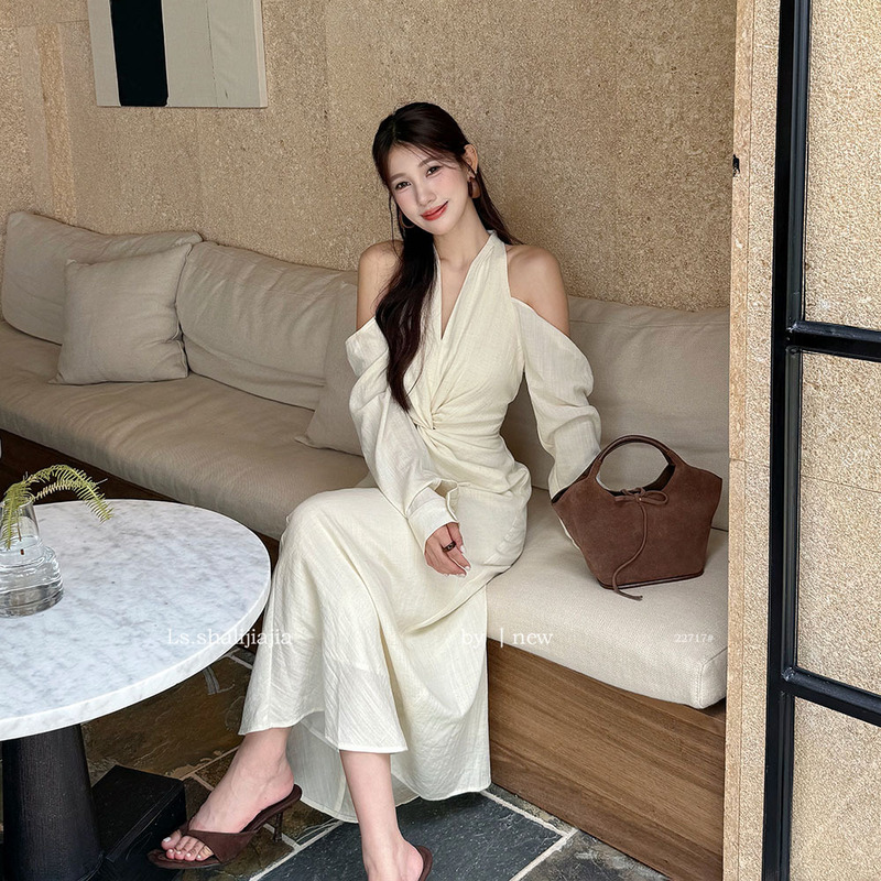 Ls Elegant and Intellectual Twisted Off-Shoulder Dress for Women Guangzhou Shisanxing 2026 Early Spring New Women's Clothing 22717 #