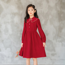 韩版中大童女孩学院风长裙秋冬季女童红色立领撞色连衣裙一件代发