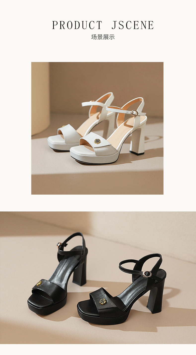 Sandal cao gót nữ hở mũi quai một chữ khóa, gót thô đế dày 10.5 cm — Da bò trắng gạo chi tiết 6