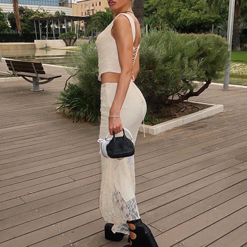 Elegantes Damen Set Mit Gerafftem Top Und Rock Im Spitzen Design_voghion.com