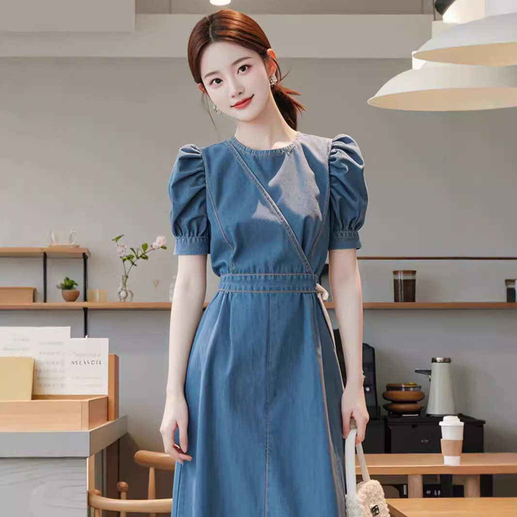 Váy denim xanh dáng maxi thắt eo phong cách Hàn Quốc mùa hè — Màu xanh lam