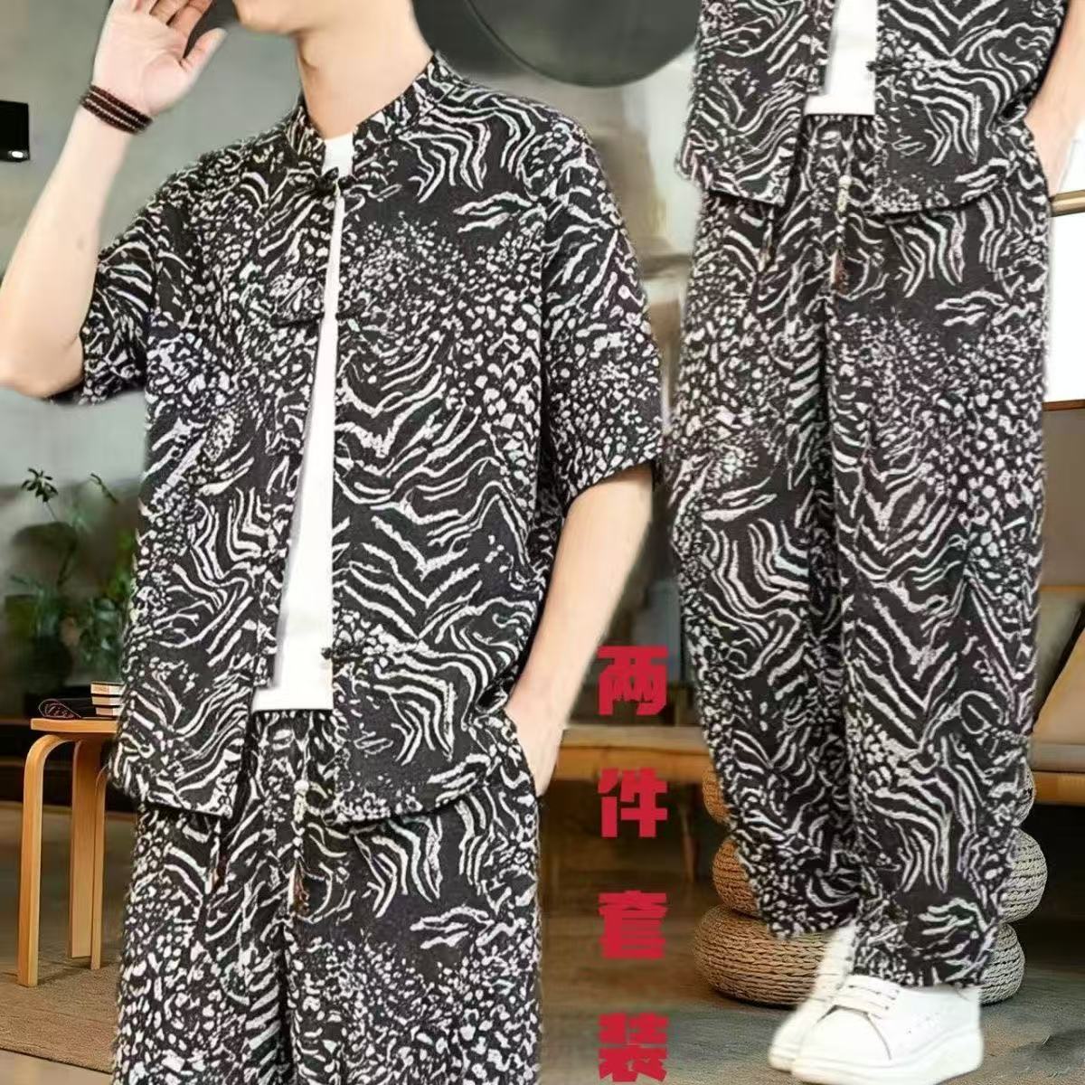 Summer New Chinese Style Men's Casual Sports Suit Short-Sleeve Shirt and Trousers Two-Piece Loose Chinese Style Tang Suit