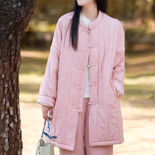 国风纯色亚麻夹棉提花立领中长款外套女2025秋冬新款宽松保暖棉衣