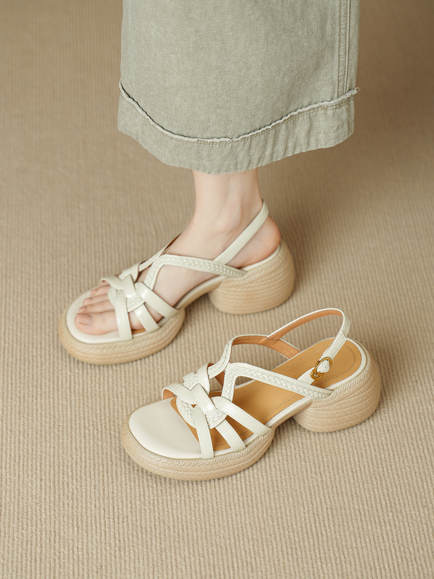 Sandal nữ hở mũi gót vuông đế dày 6 cm phong cách dệt — màu trắng ngà chi tiết 7