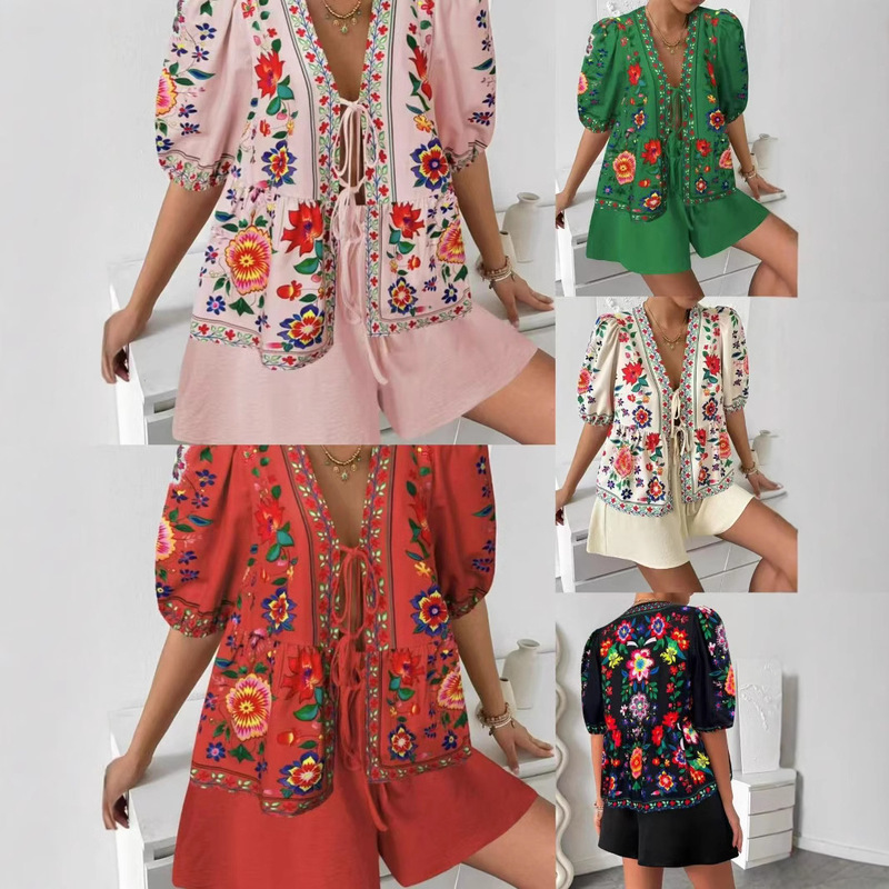 Cross-Border Amazon Aliexpress Hot Sale 2025 Summer New Printed Cardigan Lace-Up Short-Sleeved Top Shorts Set Cross-Border Amazon Aliexpress Hot Sale 2025 Summer New Printed Cardigan Lace-Up Short-Sleeved Top Shorts Set