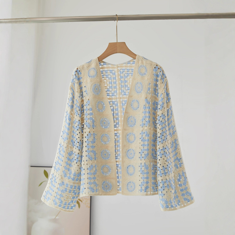 Retro Color-Blocked Crochet Cut Out Cardigan for Women Spring and Summer Loose V Neck Bell Sleeve Knitted Jacket