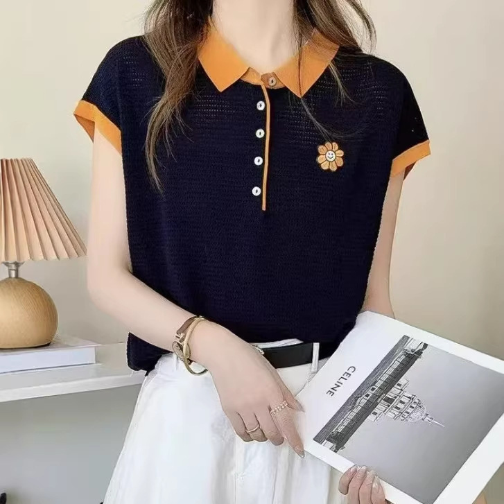 Smiley Face Sunflower Embroidery Thin Short-Sleeve Knit Shirt Summer Elegant Slimming Half-Button Color-Blocked Lapel Top for Women