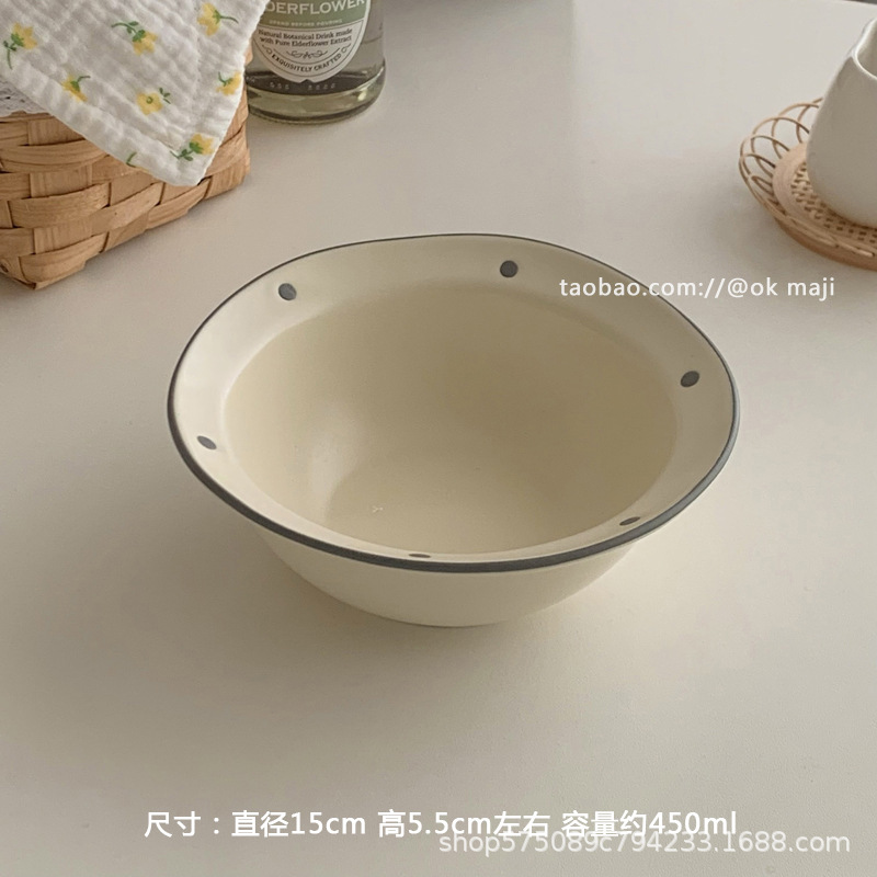 폴카 도트 밀크 화이트 밀짚모자 그릇 (15cm)