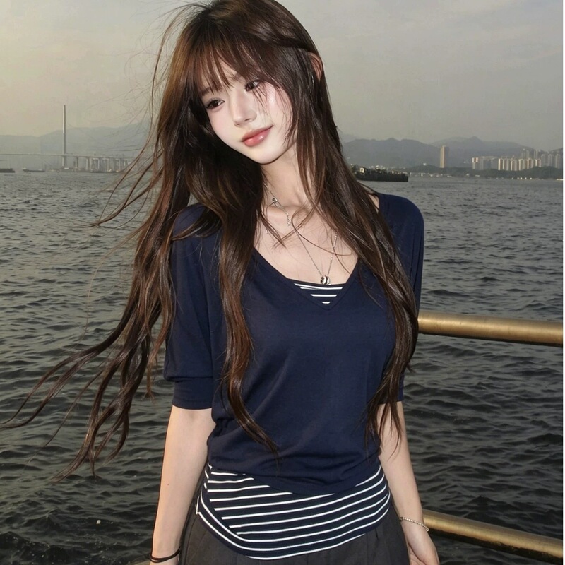 【40-Count Rayon + Refreshing Ribbed Stripes + Full Size Range】Women's Summer Striped Color-Block Halter Top
