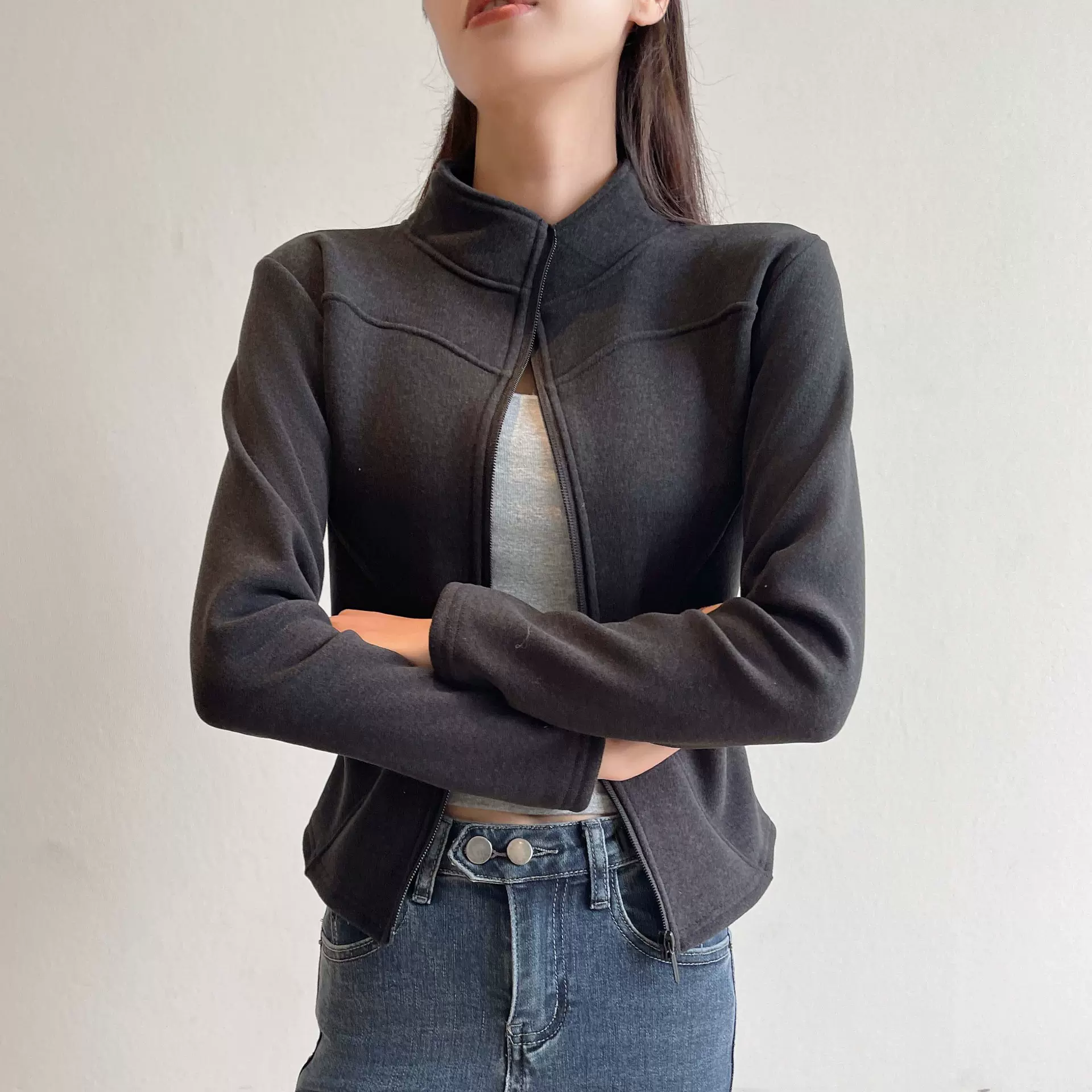 H570立领卫衣羊羔绒短外套女秋冬季外穿修身加绒加厚保暖瑜伽上衣