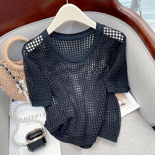 Summer hollow out thin short-sleeved women's Korean style design pure desire loose blouse all-match round neck knitted top shirt