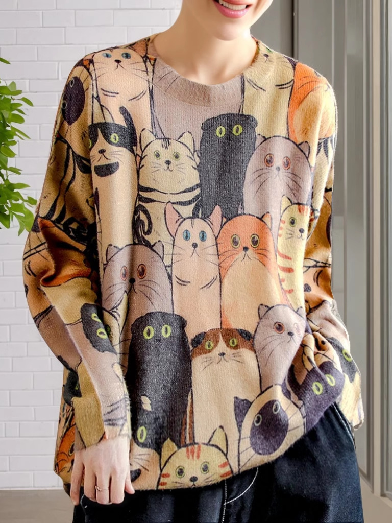 Otoño y invierno suéter de tamaño grande patrón de dibujos animados chaqueta suelta perezosa gato de moda de punto de cuello redondo medio largo image 3