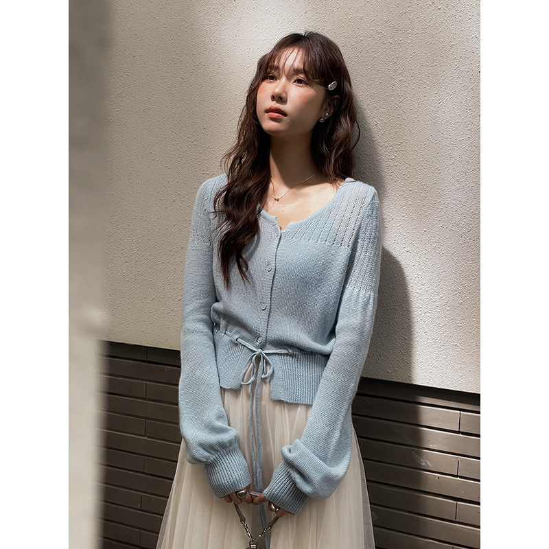 [Geming] Korean Drawstring Waist Wool Knitted Cardigan Women's Autum New Round Neck Long-Sleeved Top T8975F