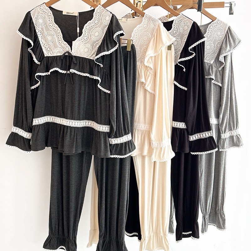 2025韩版甜美小清新家居服套装 坑条长袖长裤睡衣娣依新款公主风