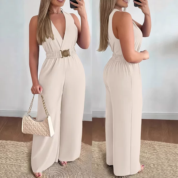 2026 Cross-Border Spring and Summer Hot-Selling Deep V-Neck Sleeveless Sexy Jumpsuit Amazon Foreign Trade Wide-Leg Slimming Fashion Style