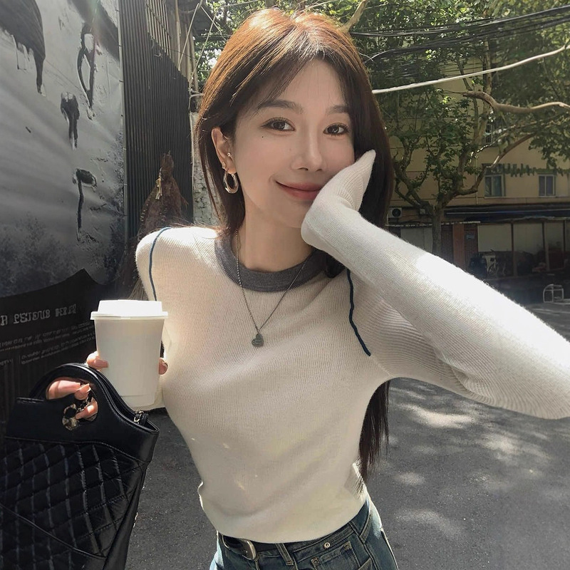 软糯撞色圆领打底针织衫女秋冬洋气皮草大衣内搭毛衣高级感上衣春|undefined