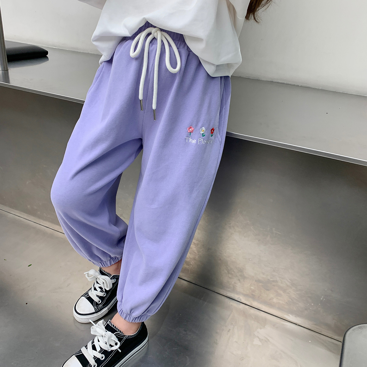 모모 홈 2023 봄 새로운 귀여운 꽃 어린이 캐주얼 바지 한국면 어린이 바지 스포츠 바지