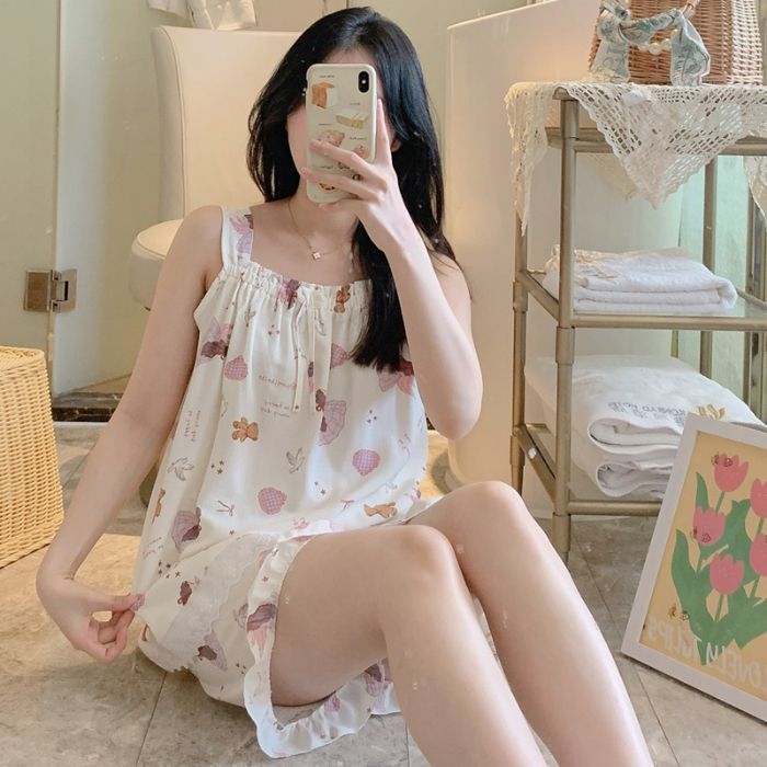 Venta al por mayor transfronteriza verano nuevo pijama mujer pantalones cortos sin mangas lindo estampado de dibujos animados espuma traje de encaje suave
