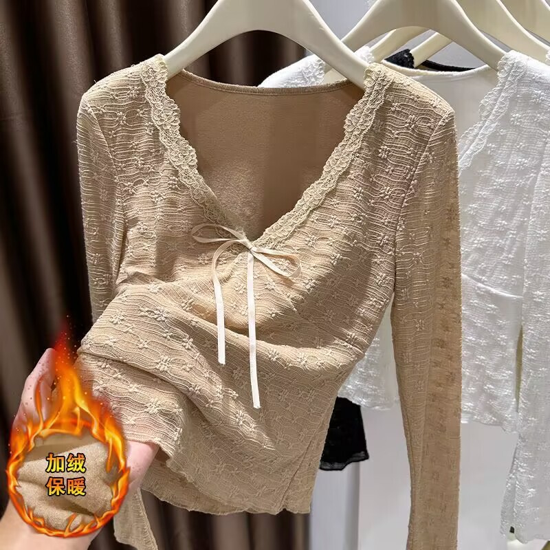 Ning Xinyi's New Autumn and Winter V-Neck Fleece-Lined Lace Shirt for Women, Long-Sleeved Slim-Fit Base Shirt with a Pure and Alluring Style