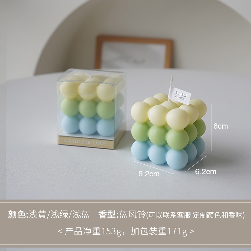 Velas de incienso de cubo de Rubik tricolor amarillo claro / verde / azul Morandi (aroma: campana azul)