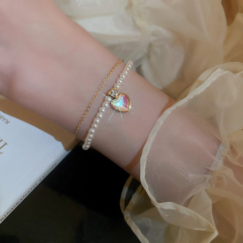 Real gold electroplated opal pearl flower love bracelet Korean ins fashionable adjustable bracelet light luxury bracelet