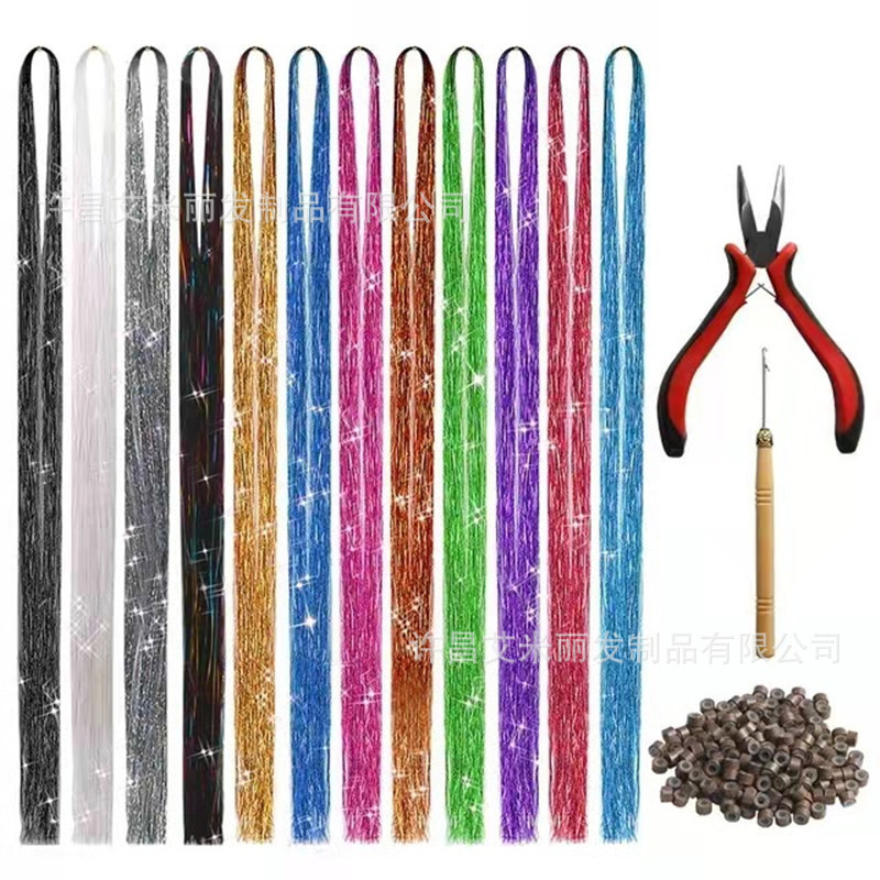 Foreign trade European and American wig colorful 12 colors mixed Laser gold wire suit pliers crochet silicone buckle colorful hair extension piece Foreign trade European and American wig colorful 12 colors mixed Laser gold wire suit pliers crochet silicone buckle colorful hair extension piece