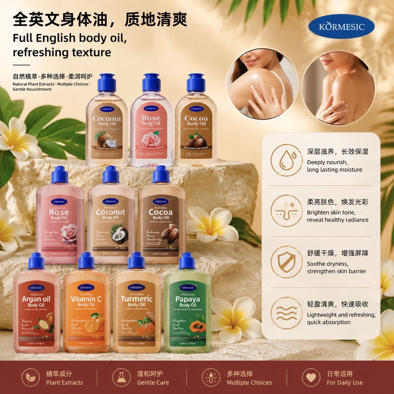 Aceite Corporal de Rosas a Base de Plantas KORMESIC, Aceite para Masajes Corporales, Fabricante de Comercio Exterior, en Existencia, Venta al por Mayor image 1