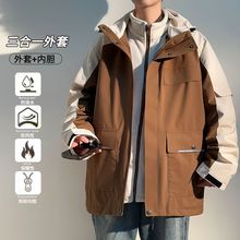 冲锋衣连帽外套男秋冬季加绒加厚加肥加大宽松工装夹克厂家亚马逊