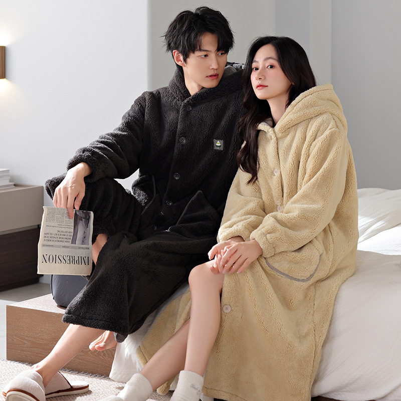가을, 겨울 커플 잠옷 따뜻하고 편안한 벨벳 긴팔 가디건 중간 길이 목욕 가운 캐주얼 심플 대형 가정복