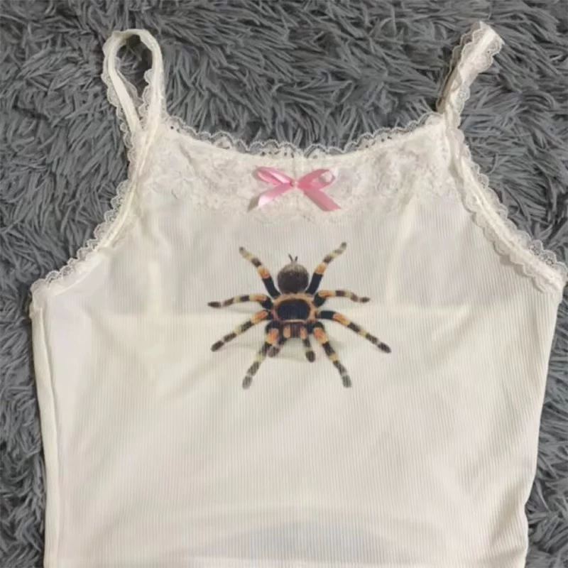 Lace-trim fitted camisole, cute print American style, multiple colors S–L