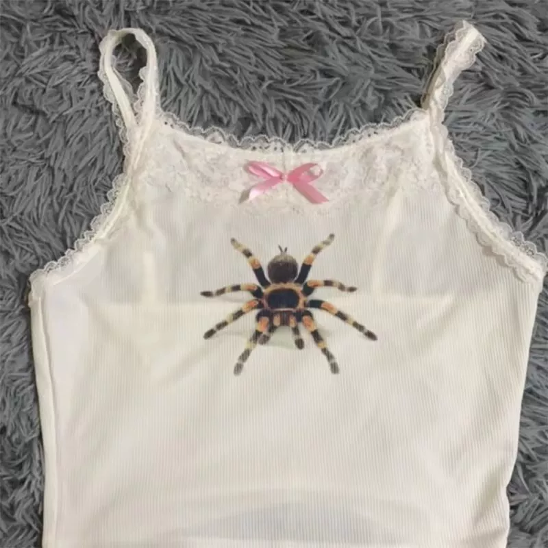 Lace-trim fitted camisole, cute print American style, multiple colors S–L