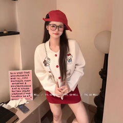 韩系甜美穿搭卡通猫针织开衫女2025秋新款慵懒软糯针织上衣