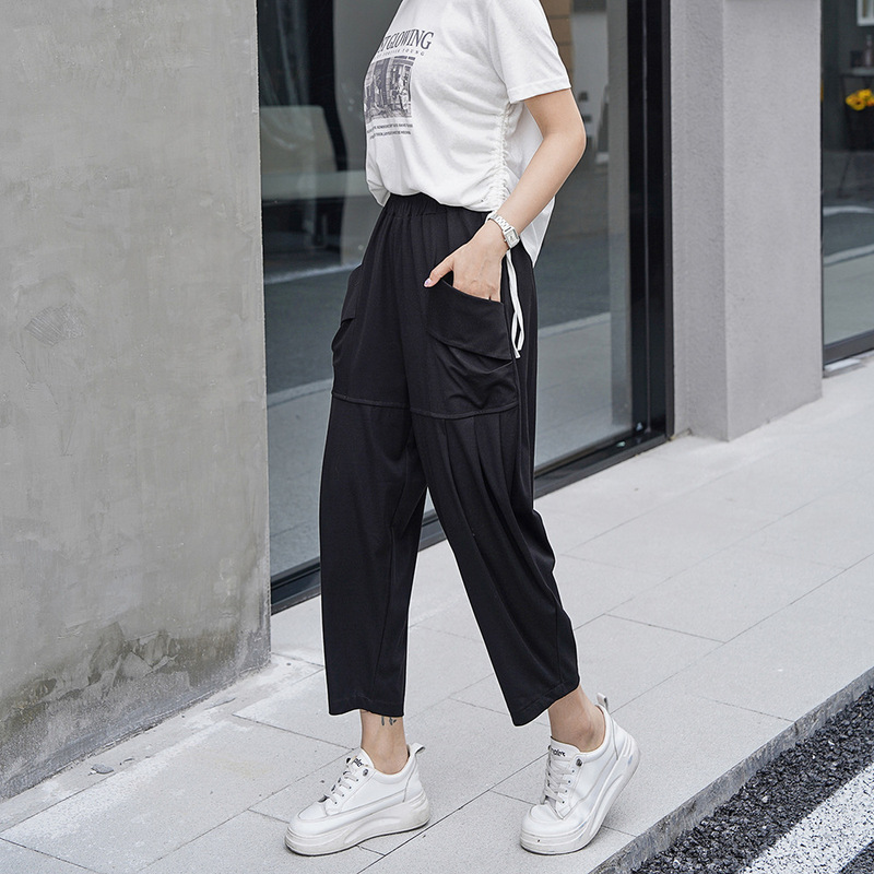 240431 Elastic Waist Fashionable Skinny Pants Stretch Cropped Haren Pants All-match Fashionable Slimming Casual Pants Trendy Summer